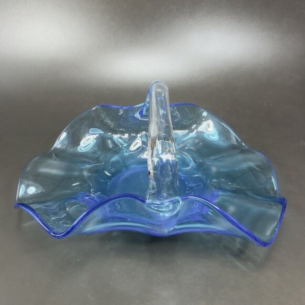 1980s Hand Blown Glass Blue Basket Dish Trinket Holder Clear Handle Folded Sides